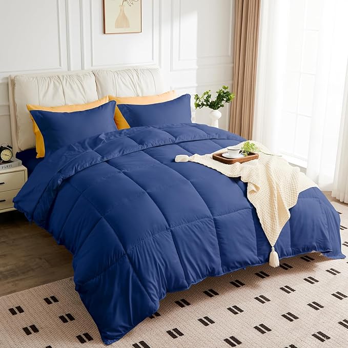 California King Size Comforter Set - 3 Pieces, 1 Reversible Comforter and 2 Pillowcases,Soft Quilted Warm Fluffy Cooling Bedding for All Season,Navy - LeafyLoom