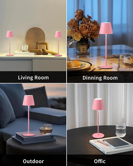 Cordless Rechargeable Table Lamp Set of 2, 5000mAh Battery Powered LED Desk Lamps, 3 Color Stepless Dimming Up, Portable Table Light Lamp for Bedroom Restaurant Outdoor (Pink) - LeafyLoom