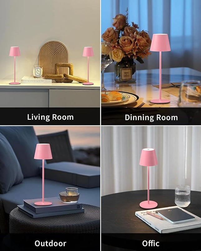 Cordless Rechargeable Table Lamp Set of 2, 5000mAh Battery Powered LED Desk Lamps, 3 Color Stepless Dimming Up, Portable Table Light Lamp for Bedroom Restaurant Outdoor (Pink) - LeafyLoom