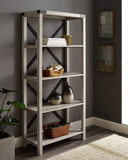 Walker Edison,4 shelves Andersen Urban Industrial Metal X Back Bookshelf, 64 Inch, White Oak - LeafyLoom