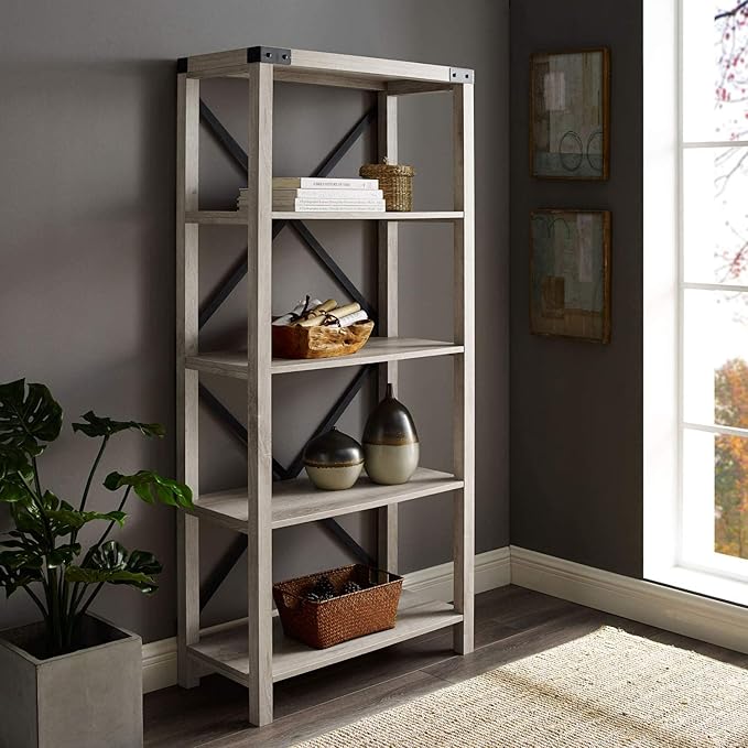 Walker Edison,4 shelves Andersen Urban Industrial Metal X Back Bookshelf, 64 Inch, White Oak - LeafyLoom