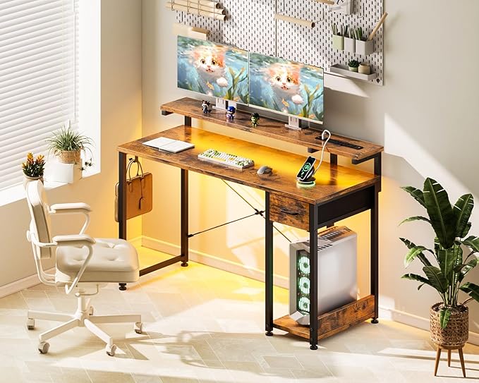 AODK Gaming Desk with LED Lights & Power Outlet, 48 Inch Computer Desk with Drawer, Reversible Desk with Adjustable Monitor Shelf & Headphone Hook for Home Office, Rustic Brown - LeafyLoom