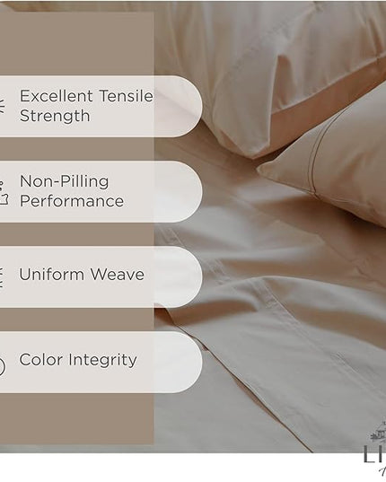 100% Cotton Percale Sheets Twin XL Size, Taupe, Deep Pocket, 4 Pieces Sheet Set - 1 Flat, 1 Deep Pocket Fitted Sheet and 2 Pillowcases, Crisp Cool and Strong Bed Linen - LeafyLoom