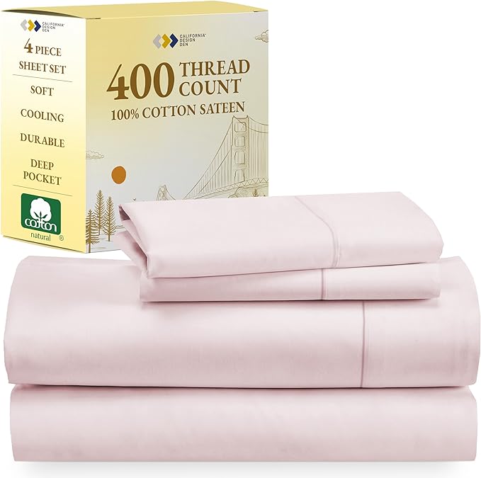 California Design Den 100% Cotton Sheets - Softest 4-Pc Queen Sheet Set, Cooling Sheets for Queen Size Bed, Deep Pockets, 400 Thread Count Sateen, Bedding Sheets & Pillowcases, Queen Sheets (Pink) - LeafyLoom
