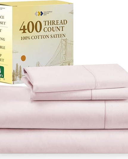 California Design Den Softest 100% Cotton Sheets, Full Size Sheet Sets, 4 Pc Set, 400 Thread Count Sateen Bedding, Deep Pocket Sheets, Cooling Sheets, Full Size Sheets, Breathable Bed Set (Pink) - LeafyLoom