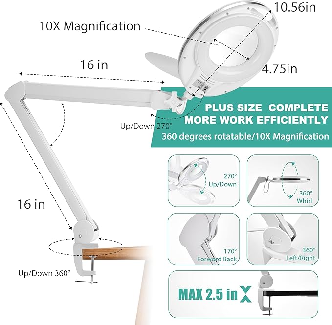Large 10X Magnifying Glass with Light, 4.75 in Real Glass Stand Lighted Magnifier with Clamp, 2 in 1 Desk Lamp with 36 Color and Brightness Modes, Hands Free for Close Work, Crafts, Hobbies - LeafyLoom