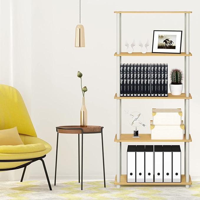 Furinno Turn-N-Tube 5-Tier Multipurpose Shelf / Display Rack / Storage Shelf / Bookshelf, Round Tubes, Beech/White - LeafyLoom