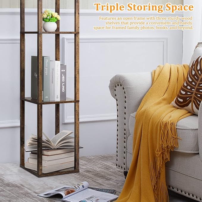 Dott Arts Floor Lamp with Shelves, 3 Color Temperature LED Bulb, Wood Texture, Storage, Brown - LeafyLoom