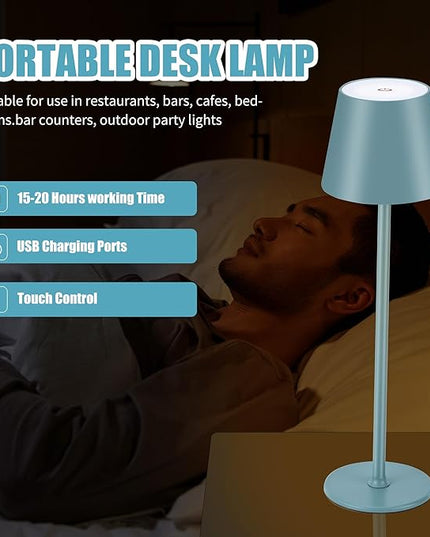 Cordless Table Lamps USB Rechargeable Simplicity Desk Lamp Built-in 4600 mAh Battery LED Battery Operated lamp with Touch Control Table lamp - Bedroom/Desk/Reading/Patio(2Pack-Light Blue) - LeafyLoom