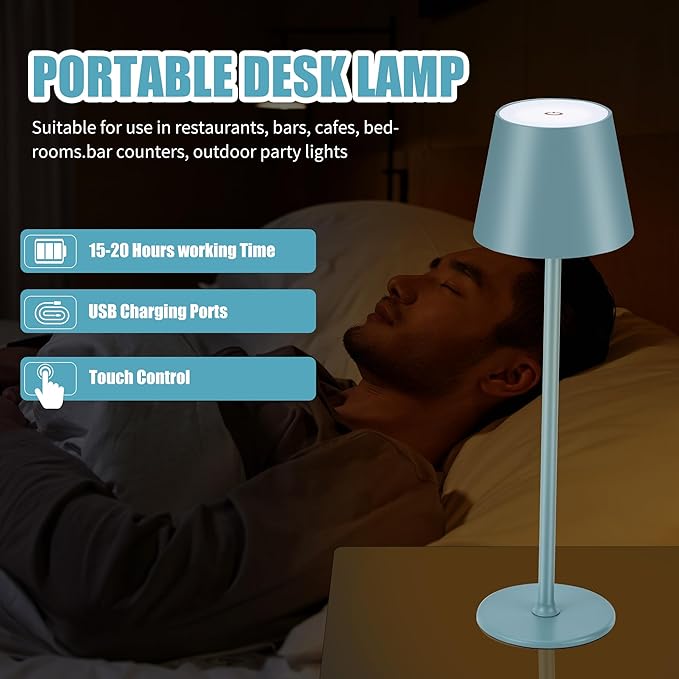 Cordless Table Lamps USB Rechargeable Simplicity Desk Lamp Built-in 4600 mAh Battery LED Battery Operated lamp with Touch Control Table lamp - Bedroom/Desk/Reading/Patio(2Pack-Light Blue) - LeafyLoom
