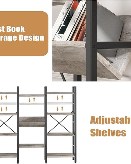 Shintenchi Industrial Bookcase,71.6” Triple 4 Tier Bookshelf with 11 Open Display Shelves,Large Etagere Bookshelf Open Record Player Shelves,Wide Book Shelf Book Case for Home & Office, Grey - LeafyLoom