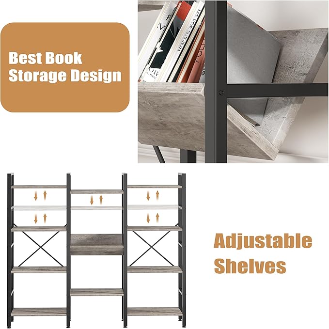 Shintenchi Industrial Bookcase,71.6” Triple 4 Tier Bookshelf with 11 Open Display Shelves,Large Etagere Bookshelf Open Record Player Shelves,Wide Book Shelf Book Case for Home & Office, Grey - LeafyLoom