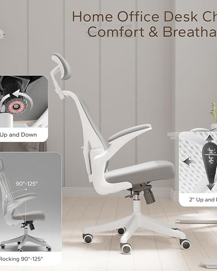 Ergonomic Office Chair Home Desk Office Chair with Flip-Armrest & Cushion for Lumbar Support, high Back Computer Chair with Thickened Cushion Desk Chairs Gray - LeafyLoom
