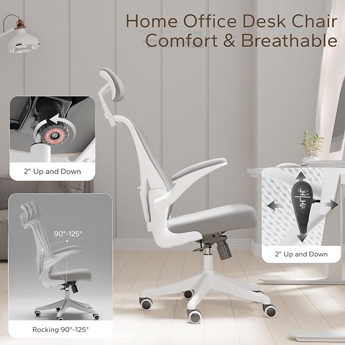 Ergonomic Office Chair Home Desk Office Chair with Flip-Armrest & Cushion for Lumbar Support, high Back Computer Chair with Thickened Cushion Desk Chairs Gray - LeafyLoom