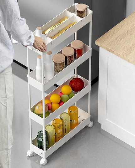 SPACELEAD Slim Storage Cart 4 Tier,Bathroom Storage Organizer Rolling Utility Cart, Mobile Shelving Unit Slide Out Storage Cart for Office, Bathroom, Kitchen, Laundry Room & Narrow Places， White - LeafyLoom