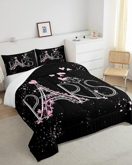 Eiffel Tower Comforter Set Chic Paris Bedding Set Romantic Theme Comforter for Boys Girls Children Teens Black Pink Bedroom Decor Modern French Style Duvet Set Queen Size with 2 Pillow Case - LeafyLoom