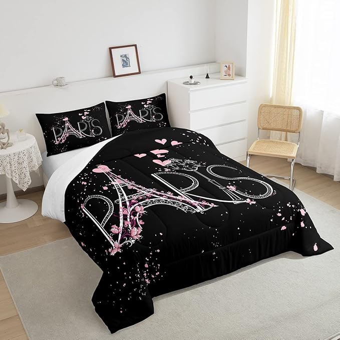 Eiffel Tower Comforter Set Chic Paris Bedding Set Romantic Theme Comforter for Boys Girls Children Teens Black Pink Bedroom Decor Modern French Style Duvet Set Queen Size with 2 Pillow Case - LeafyLoom