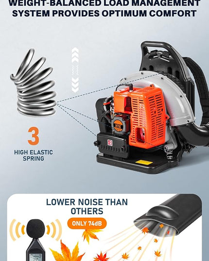 HTK 63CC Gas Backpack Leaf Blower - 2-Stroke Engine, High-Velocity 665CFM, Ergonomic & Low-Vibration, Cruise Control, Ideal for Year-Round Yard Maintenance (63CC Backpack Blower) - LeafyLoom