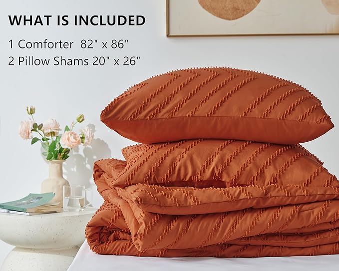 CozyLux Full Size Comforter Set Burnt Orange - 3 Pieces Terracotta Boho Tufted Shabby Chic Bedding Comforter Set for All Seasons, Chevron Bedding Sets with Comforter & 2 Pillow Shams - LeafyLoom