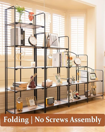 No Assembly Folding Bookshelf for Living Room, 2 Tier Black Collapsible Book Shelf for Home Office, Portable Bookcase Storage Organizer - LeafyLoom