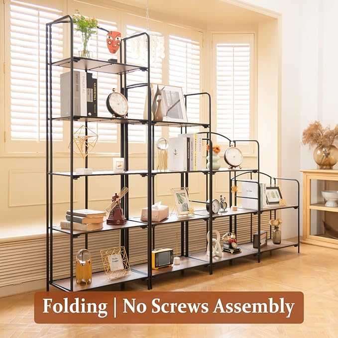 No Assembly Folding Bookshelf for Living Room, 2 Tier Black Collapsible Book Shelf for Home Office, Portable Bookcase Storage Organizer - LeafyLoom