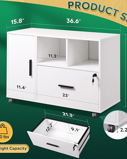 DEVAISE Office File Cabinet with Lock, 1-Drawer Wood Lateral Filing Cabinet on Wheels, Printer Stand with Open Storage Shelves for Home Office, White - LeafyLoom