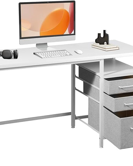 Ｍａｉｈａｉｌ Maihail Small Desk with Drawers, 47 inch Computer Desk with Shelves, Writing Desk with Storage, Small Office Desk with Metal Frame, White - LeafyLoom