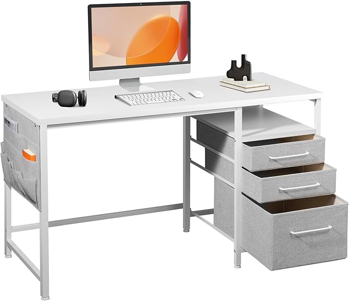 Ｍａｉｈａｉｌ Maihail Small Desk with Drawers, 47 inch Computer Desk with Shelves, Writing Desk with Storage, Small Office Desk with Metal Frame, White - LeafyLoom