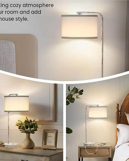 Table Lamp with Dual USB Charging Ports, Fully Dimmable Farmhouse Bedside Lamp, USB Nightstand Lamp with Brushed White Oak, Tall Reading Desk Lamp for Living Room, Bedroom, Office, LED Bulb Included - LeafyLoom