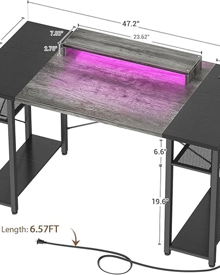 armocity Computer Desk with LED Lights, 48 Inch Reversible Large Desk with Power Outlet and USB, 48'' Gaming PC Table with Moveable Monitor Stand for Home Office, Workstation, Grey and Black - LeafyLoom