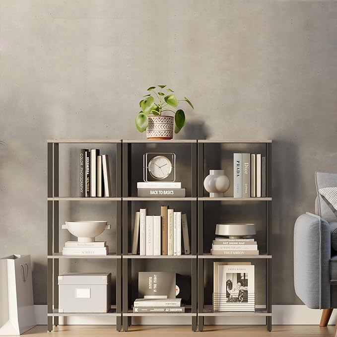 TUTOTAK Bookshelf, 4-Tier Tall Book Shelf, Narrow Bookcase for Small Space, DIY Stackable Bookshelf, for Living Room, Office, Study, Entryway, Industrial, Greige and Black BS01BG004 - LeafyLoom
