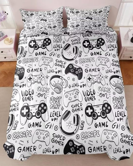 Gaming Comforter for Boys Teens,Game Bedding Sets Full,Kids Gamer Comforter Set,Video Game Bedroom Decor,Gamepad Controller Duvet Insert All Season 3 Piece 1 Comforter and 2 Pillowcases - LeafyLoom
