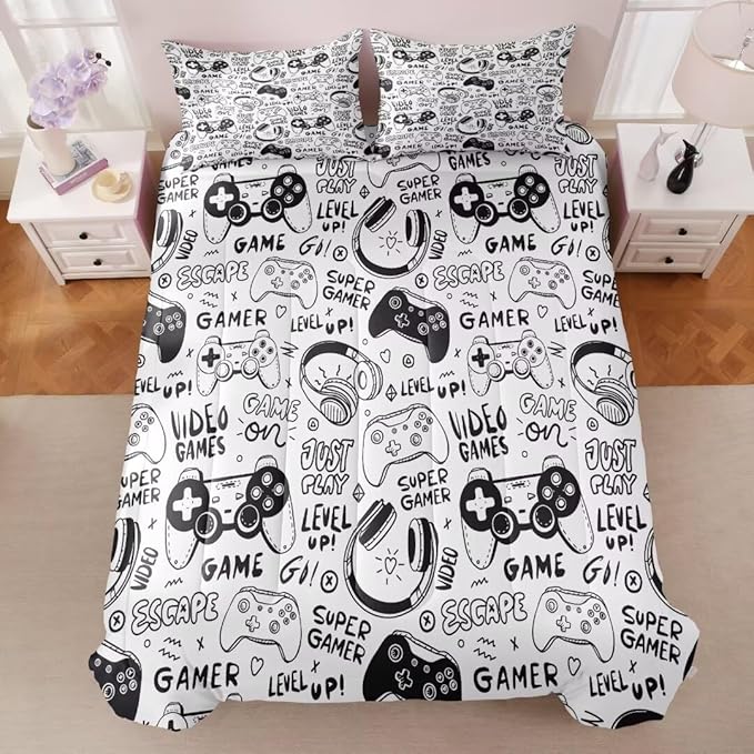 Gaming Comforter for Boys Teens,Game Bedding Sets Full,Kids Gamer Comforter Set,Video Game Bedroom Decor,Gamepad Controller Duvet Insert All Season 3 Piece 1 Comforter and 2 Pillowcases - LeafyLoom