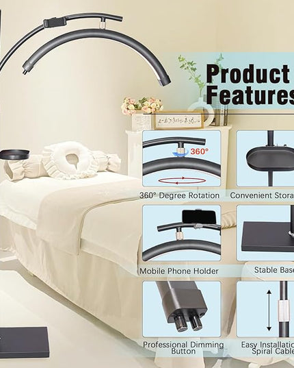 Lash Light Esthetician Lamp for Lash Extensions - LED Floor Lash Lamp Half Moon Ring Facial Light for Eyelash Tech with Pallets & Phone Holder Light for Tattoo Artists, Nail Tech X Black - LeafyLoom