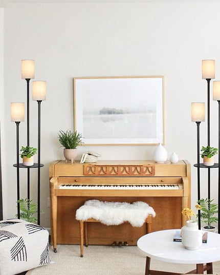 Floor Lamp with Shelves, Modern Floor Lamps for Living Room, 3-Lights Standing Lamp with Linen Shade and Foot Switch, Industrial Standing Lamps for Bedroom, Black Tall Table Lamp for Office - LeafyLoom