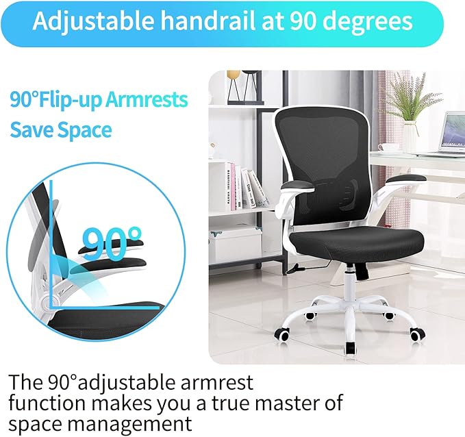 Ergonomic Office Desk Chair Breathable Mesh Swivel Computer Chair, Lumbar Back Support Task Chair, Office Chairs with Wheels and Flip-up Arms, Adjustable Height (White & Black) - LeafyLoom