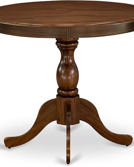 East West Furniture Antique 3 Piece Room Furniture Set Contains a Round Kitchen Table with Pedestal and 2 Grey Linen Fabric Parsons Dining Chairs, 36x36 Inch, Walnut - LeafyLoom