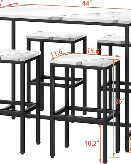 Yongchuang 5 Piece Bar Table Set, Kitchen Bar Table and Chairs Set of 4, Modern Metal Counter Height Table with Stools for Dining Room, Living Room Breakfast Table White Faux Marble Wood Top - LeafyLoom