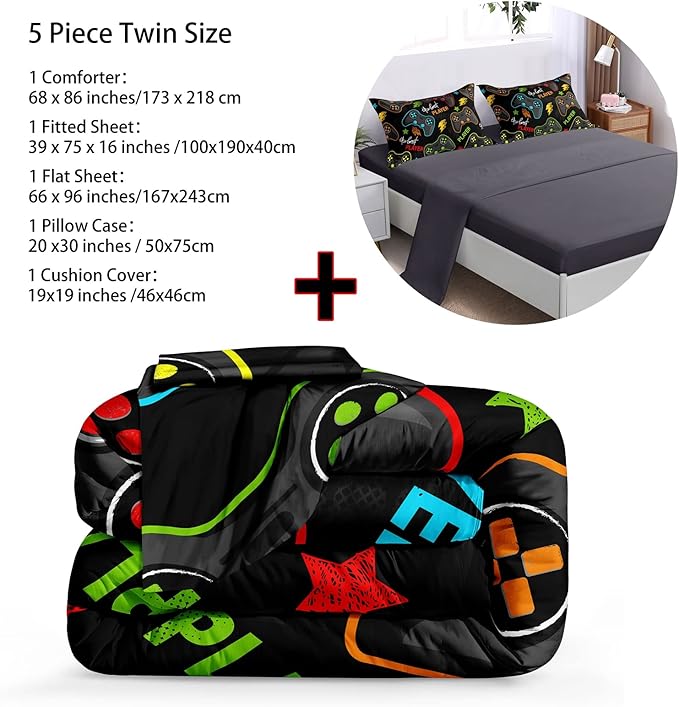 5 pieces Gamer Comforter Set for Boys Gaming bedding set Twin Size,Video Game Controller Comforter for Boys Kids Adult 3D Gamepad Microfiber Bed in A Bag Sets3011,Twin - LeafyLoom