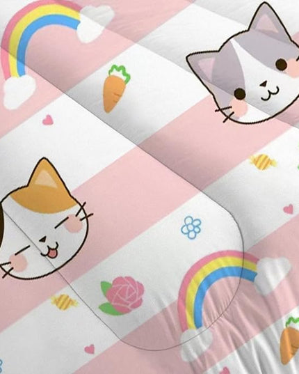 Cat Bedding Twin Size Pink Plaid Rainbow Comforter Set for Girls Kids Children Cloud Cute Kawaii Boho Bedroom Dorm Quilt 1 Comforter + 1 Pillow Case - LeafyLoom