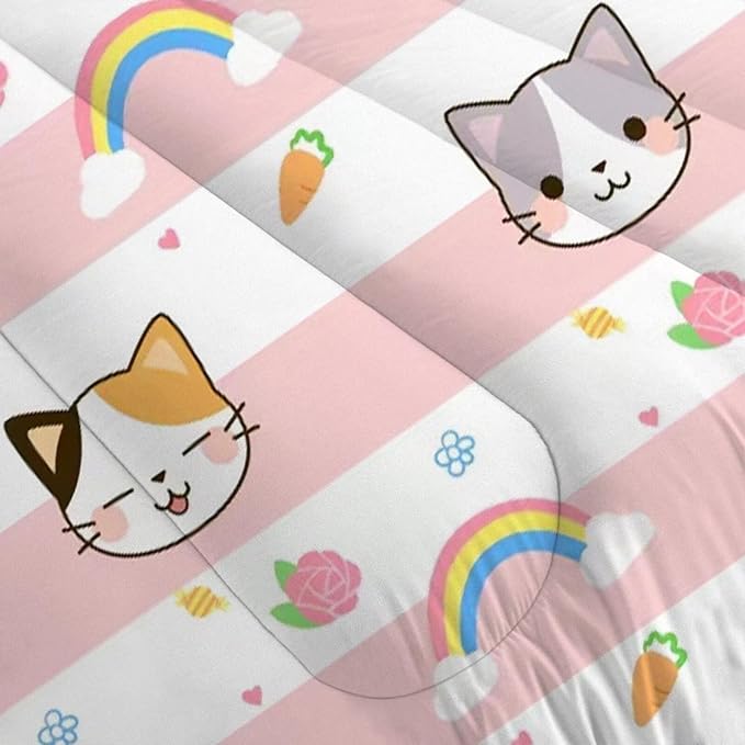 Cat Bedding Twin Size Pink Plaid Rainbow Comforter Set for Girls Kids Children Cloud Cute Kawaii Boho Bedroom Dorm Quilt 1 Comforter + 1 Pillow Case - LeafyLoom