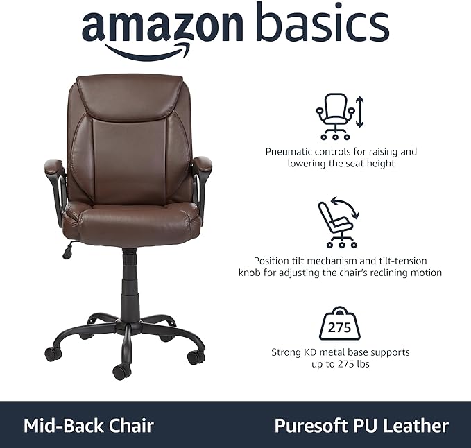 Amazon Basics Classic Puresoft PU Padded Mid-Back Office Computer Desk Chair with Armrest - Brown, 25.75"D x 24.25"W x 42.25"H - LeafyLoom