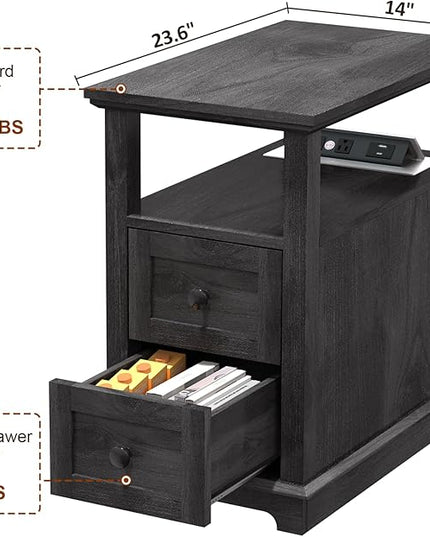 HIFYOBRO End Table with 2 Drawers, Storage Side Table with Flip Top Fast Charging Station, Type-C & USB port & Power outlets, Wooden Storage Cabinet for Living Room and Bedroom - LeafyLoom