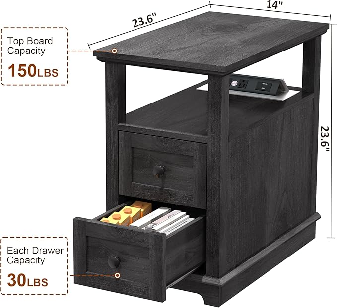 HIFYOBRO End Table with 2 Drawers, Storage Side Table with Flip Top Fast Charging Station, Type-C & USB port & Power outlets, Wooden Storage Cabinet for Living Room and Bedroom - LeafyLoom