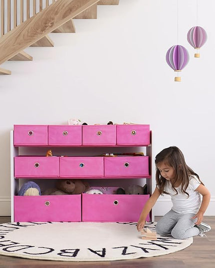 Humble Crew Kids Toy Organizer with 9 Collapsible Fabric Storage, White Wood and Pink Bins - LeafyLoom