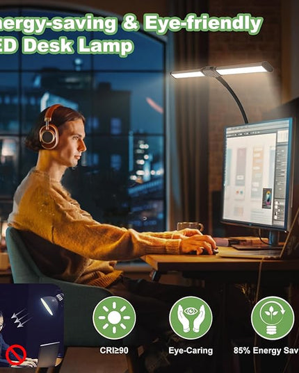 Desk Lamp for Office Home - LED Reading Light 160 LEDs with Clamp Table Lamps Eye-Caring Study Clip on Lights 3 Modes & Stepless Dimming Double Head Computer Lighting for Home, Office and Bedroom - LeafyLoom