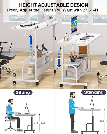 Height Adjustable Standing Desk with Power Outlets, 47" Manual Stand Up Desk with Storage Shelves Small Mobile Rolling Computer Desk Portable Laptop Table with Wheels for Home Office, White - LeafyLoom