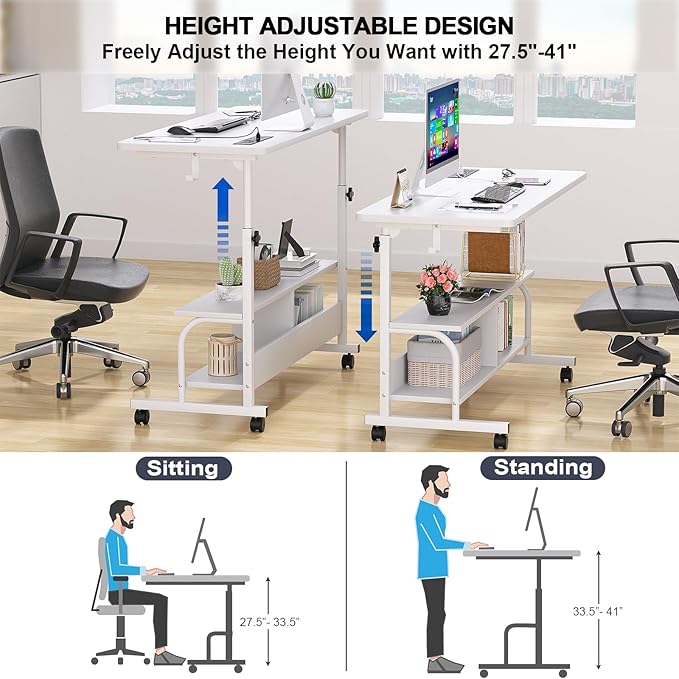 Height Adjustable Standing Desk with Power Outlets, 47" Manual Stand Up Desk with Storage Shelves Small Mobile Rolling Computer Desk Portable Laptop Table with Wheels for Home Office, White - LeafyLoom