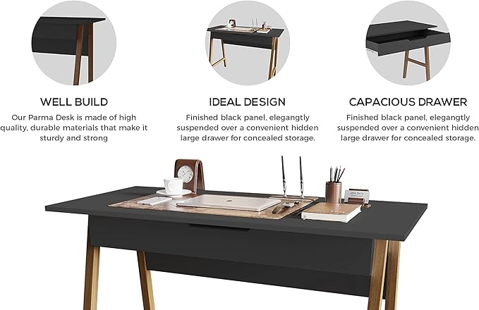 PARMA 42 Inch Modern Desk - Home & Office Small Computer Desk with Wide Drawer - Wooden Study Writing Minimalist Desk with Storage for Small Space, Bedroom & Workstations - Student Desk/Table (Black) - LeafyLoom