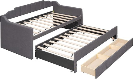 Twin Size Upholstered Daybed Sofa Bed with Trundle and 3 Storage Drawers, for Living Room and Bedroom, Grey - LeafyLoom